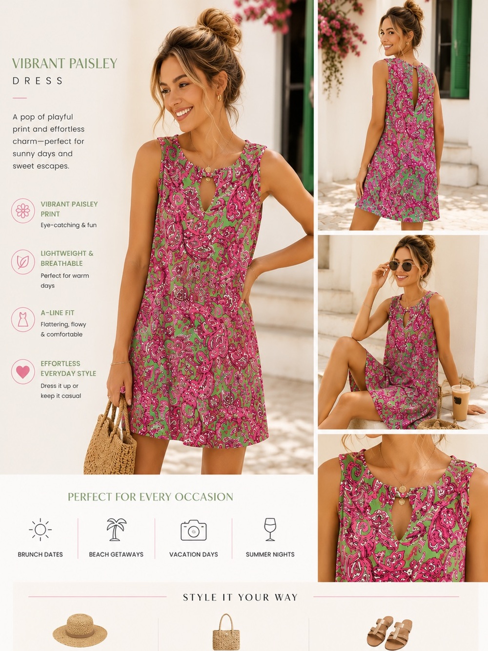 crown & ivy Pink and Green Paisley Sleeveless Swim Cover-Up Dress